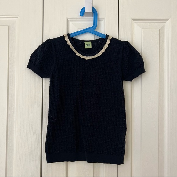 FUB Pointelle Organic Cotton T-Shirt Dark Navy 8Y - Picture 4 of 8